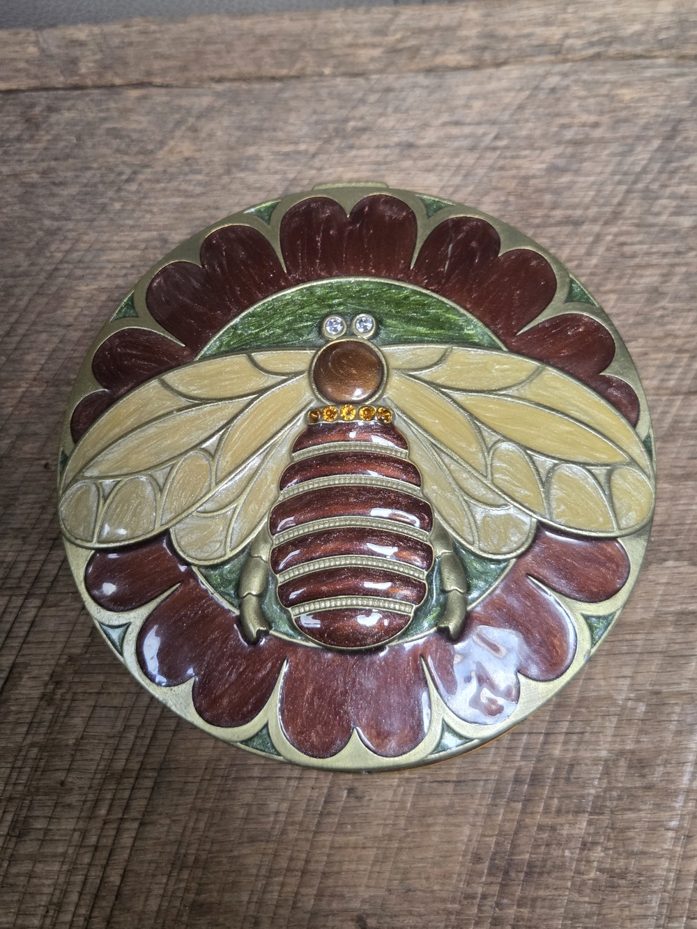 Vintage Heavy Brass Enamel Bee Trinket Box with Interior Mirror - Bin TT